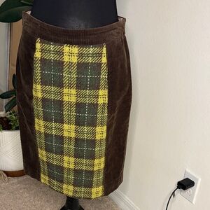 Maeve Brown Corduroy Skirt with Yellow & Olive Plaid Panel